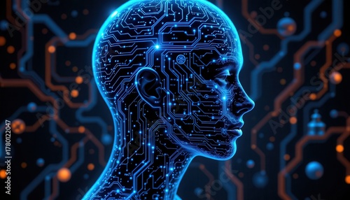 Futuristic Digital Human Head with Circuit Patterns and Neon Glow in a Dark Abstract Background