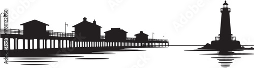 Silhouette of Pier and Lighthouse Landscape Coastal Scene Seaside Attraction Illustration