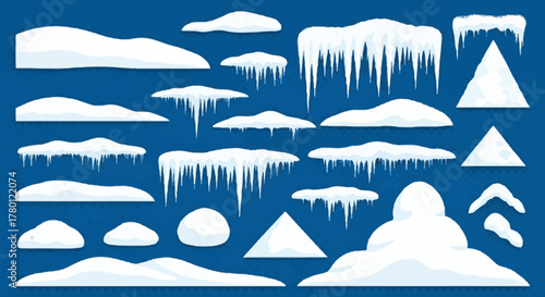 Winter Icicles and Snow Shapes Collection on Blue Seasonal Background