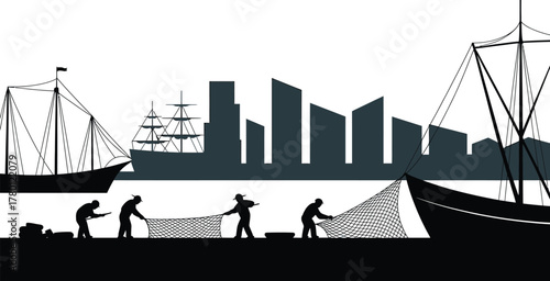 Silhouette Vector Fishing Town and Sailors Pulling Nets with Sailboats in Background Nautical