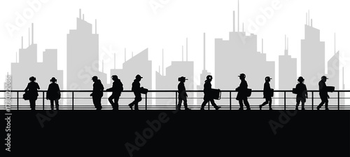 Silhouetted Pedestrians Traverse Elevated Bridge Amidst Cityscape Scene Black and White Style