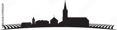 Simple Rural Village Silhouette with Church on Small Hill Featuring Cultivated Field Stripes