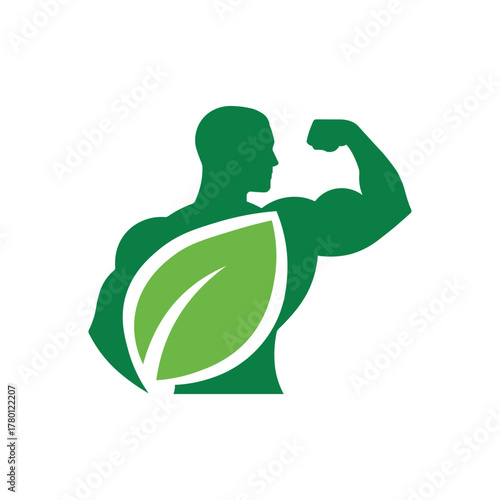Green silhouette of a strong man flexing his bicep with a leaf emblem