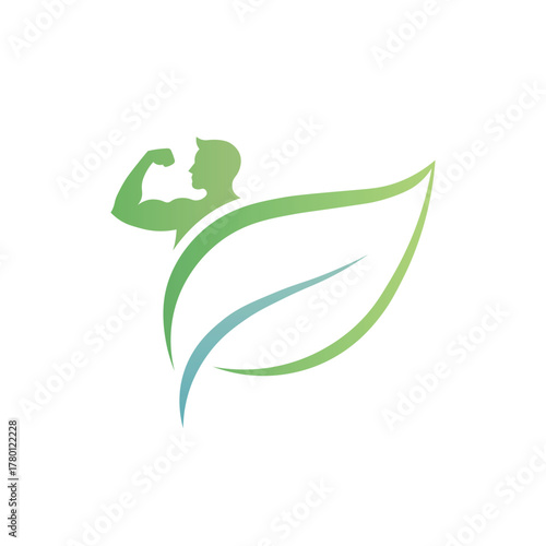 Silhouette of a muscular man flexing arm with a green leaf