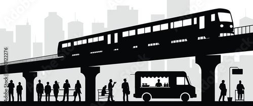 Train on Bridge, Food Truck at Cityscape Road Silhouettes: Transportation & Urban Style