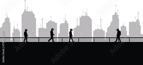 Urban Bridge View VR Headsets Silhouetted Figures Black White Illustration Unique Perspective