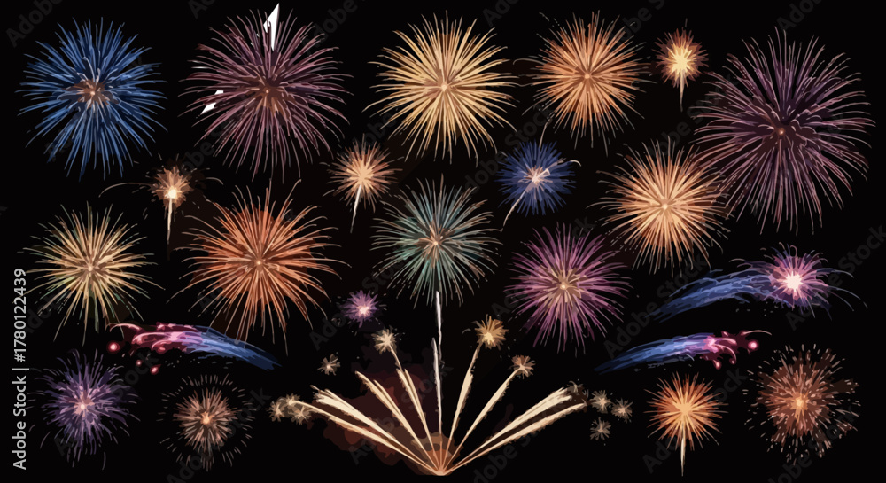 Naklejka premium Colorful fireworks display background for New Year and festive celebration