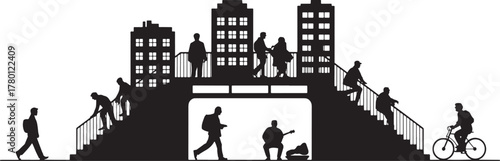 Urban Scene Silhouette Pedestrian Bridge People City Buildings