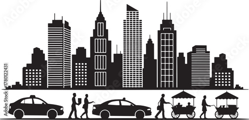 Vibrant City Skyline Silhouette Modern Metropolis with Buildings, Taxis and Pedestrians Vector