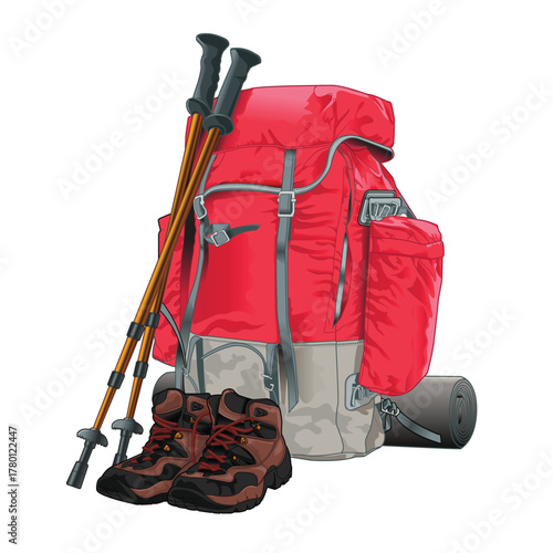 Illustration of backpack and trekking equipment