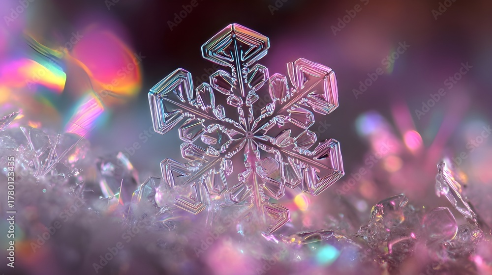 Obraz premium Macro Close-up of Iridescent Snowflake Crystal with Vibrant Pink and Purple Hues