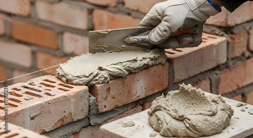 Bricklayer Laying Bricks with Gray Mortar and Steel Trowel on Construction Site