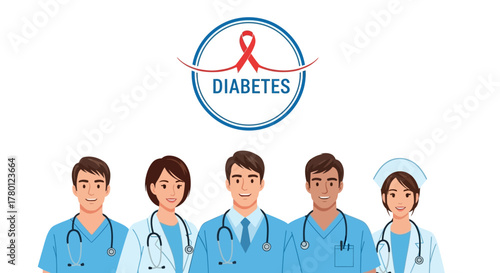 Dedicated team of doctors fight diabetes with passion and unity, healthcare professionals in blue scrubs supporting awareness and treatment for global health.