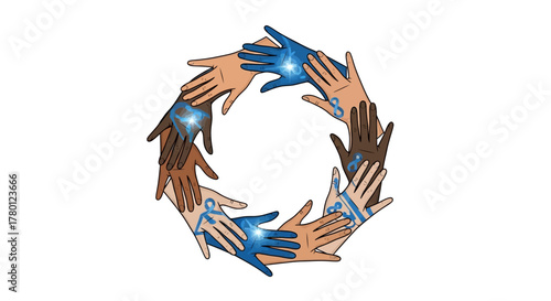 Diverse hands united for a common cause raising awareness, fostering inclusion, and promoting understanding through unity and support worldwide
