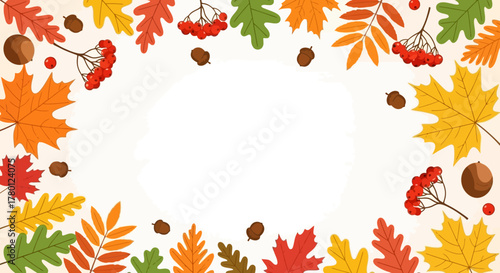Autumn frame with colorful leaves, berries, and acorns on a cream background