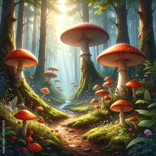 Fototapeta Naklejka Na Ścianę i Meble -  A sunlit, dreamy forest scene with a path. Giant red-capped mushrooms dot the landscape beside a stream