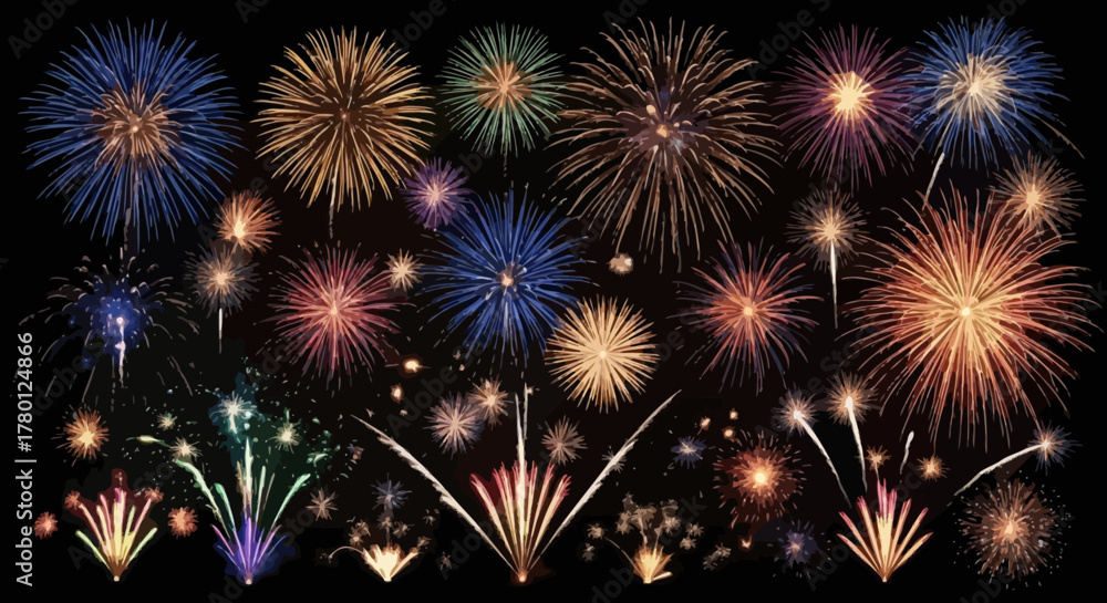 Naklejka premium Bright colorful fireworks burst lighting up the night sky celebration