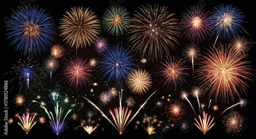 Bright colorful fireworks burst lighting up the night sky celebration