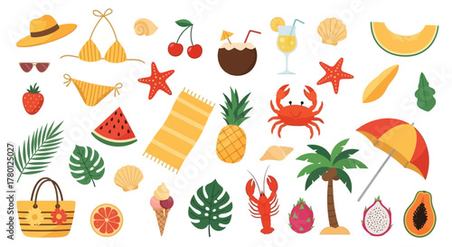 Summer Beach Vacation Elements Flat Vector Icons for Holiday Designs