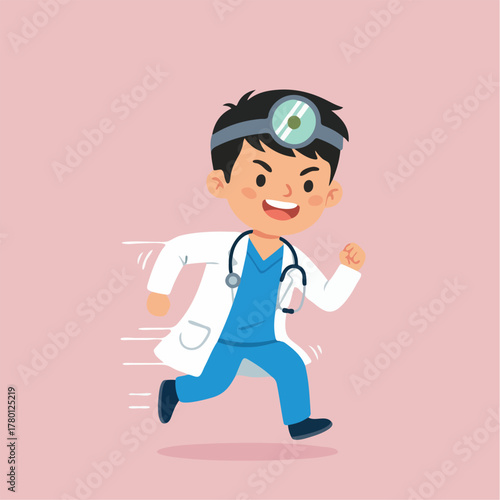 Cartoon Doctor Running with Stethoscope and Head Mirror.