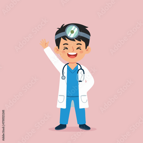 Cartoon Doctor with Head Mirror and Stethoscope Waving Hand.