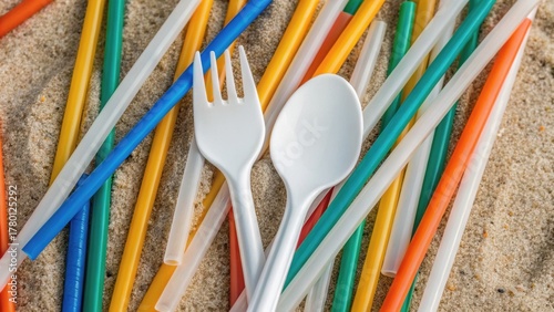 Plastic cutlery and colorful straws scattered on a surface, showcasing a mix of dining accessories in a vibrant arrangement.