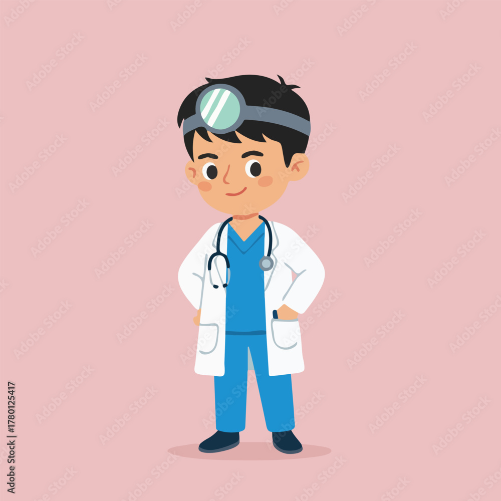 Fototapeta premium Cartoon Doctor Wearing Scrubs and Lab Coat with Head Mirror.
