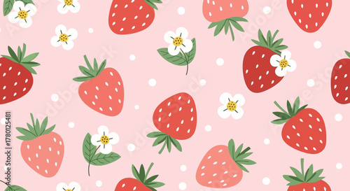 Strawberry Delight Seamless Pattern with Berries, Blossoms, and Dots for Backgrounds