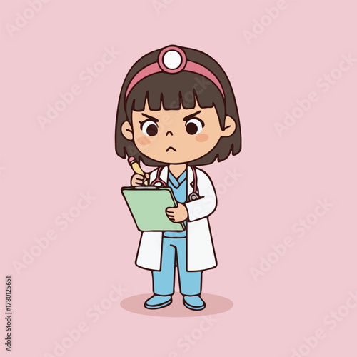 Cute Cartoon Doctor with Serious Expression Holding Clipboard and Pencil.
