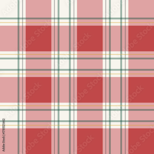 Elegant Pastel Colored Plaid Pattern Repetitive Seamless Weaving Textile. A seamlessly tiling plaid pattern in soft pastel shades of red, pink, green, cream, and gold
