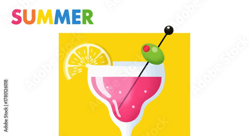 Summer Refreshment Vibrant Cocktail Illustration with Lemon and Olive on Yellow Background