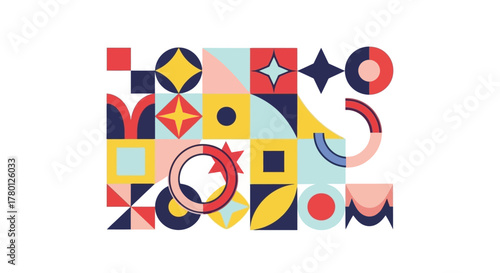 Abstract geometric design with squares, circles, stars, and triangles