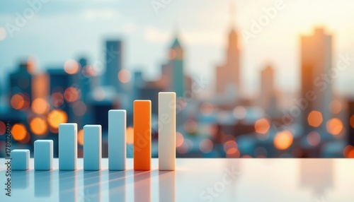 Colorful Bar Graph on a Glowing City Skyline Background Representing Growth and Success in Business and Finance