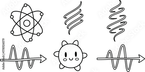 Atomic structure, energy waves, magnetic field, cartoon sun particle, science concept, physics icon, stylized vector set for education