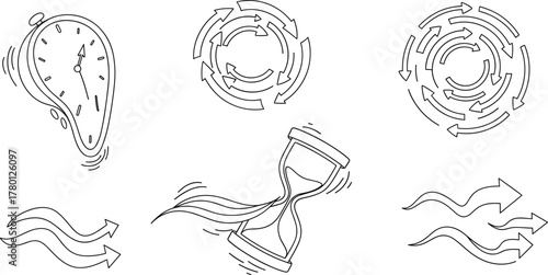 Abstract time motion concept icons set with clock, hourglass, arrows, flow, cycle, surreal distortion for science and education