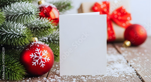 Blank Christmas greeting card mockup on wooden background with evergreen tree branch and festive ornaments, holiday template with copy space for branding invitations product display and social media