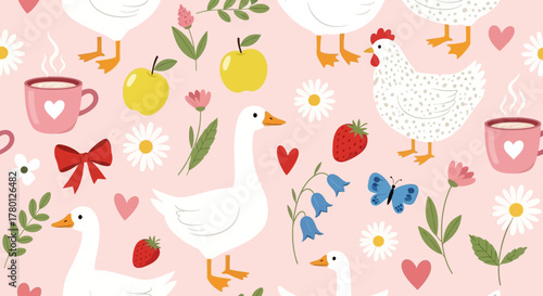 Whimsical Farmyard Floral Pattern Ducks, Hens, and Delightful Blooms on a Pink Background