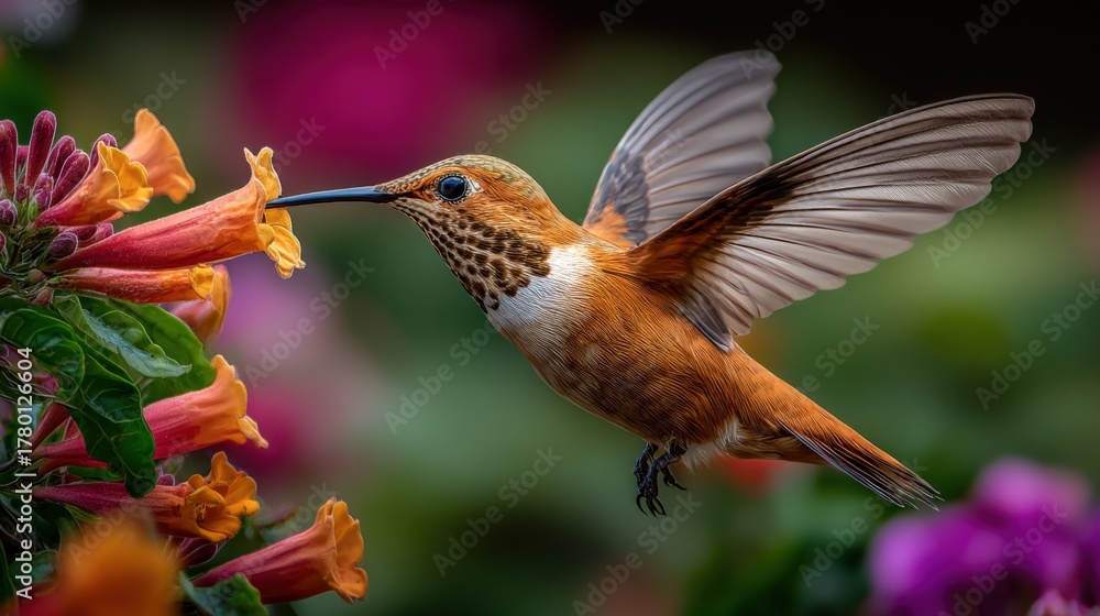 Fototapeta premium Hummingbird flying near flower, drinking nectar in vibrant garden, with colorful blurred floral background