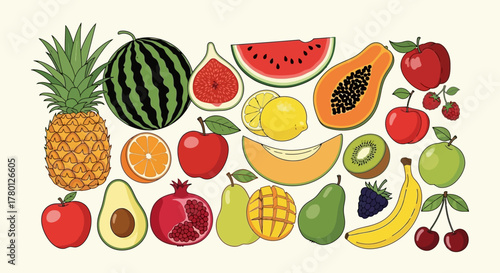 Variety of Fresh, Colorful Fruits Pineapple, Watermelon, Apples, and More on a White Background