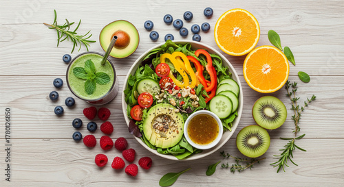 Wallpaper Mural Flat lay of fresh salad, smoothie, and fruits on wooden table, promoting clean eating. Torontodigital.ca