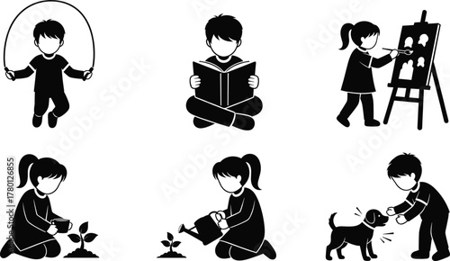 Children activity silhouette icon set with reading, painting, gardening, skipping, feeding dog for education, play, care, creativity, growth