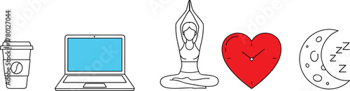 Daily lifestyle icons with coffee, laptop, yoga, heart clock, moon sleep symbols in colorful flat design for wellness and routine