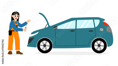 Car service station. Mechanic at a garage workshop. Wheel and tire installation services. Transportation solutions, tire maintenance. Car repair and service. Mechanic repairs and diagnostics car 