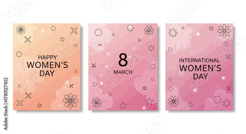 International Women's Day Celebration Three Square Designs with Floral and Star Accents and the Date 8 March