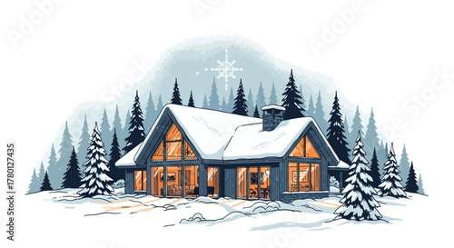 Cozy Winter Cabin A Snowy Scene with Warm Lights and a Starry Night Atmosphere