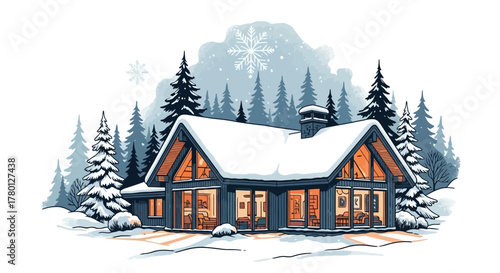 Winter Cabin Illustration Cozy Scene with Snow-Covered Roof, Trees, and Snowflake in a Snowy Landscape