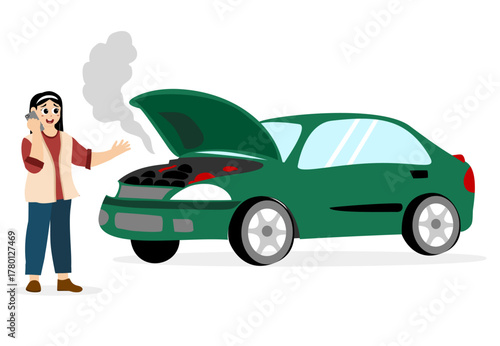 A car broke down on the road. A woman called the service for help.