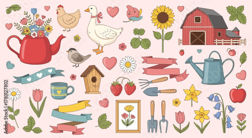 Charming Garden Elements Floral Arrangements, Barn, and Springtime Delights - A Vector Illustration Collection