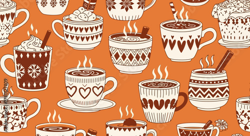 Cozy Warm Beverage Cups Pattern on Orange Background Festive and Inviting Design