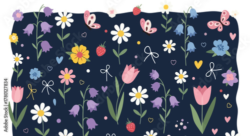 Floral Garden Delight A Whimsical Illustration of Flowers, Butterflies, and Hearts on a Dark Background